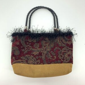 Vintage handmade bag burgundy paisley feathers resin top handle